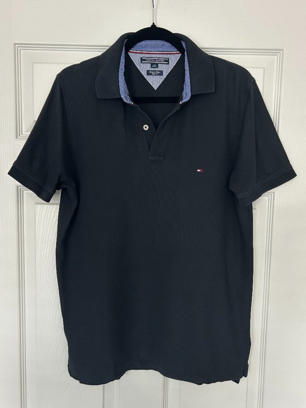 Tommy Hilfiger Polo Shirt Mens Large Slim Fit Black Premium Pique Cotton Logo